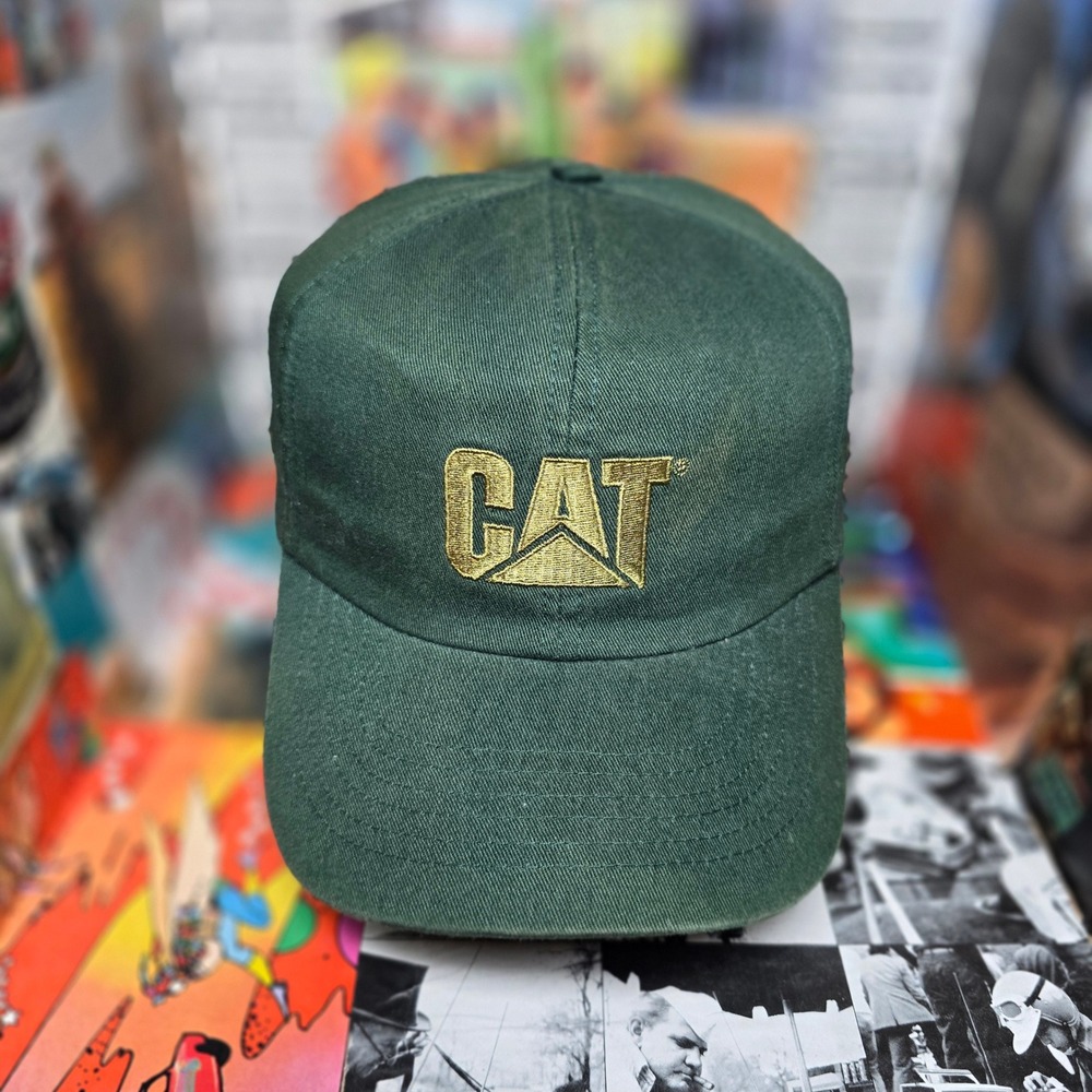 CAT Caterpillar Tractor Forest Green Vintage Leather Strap Buckle Work Hat